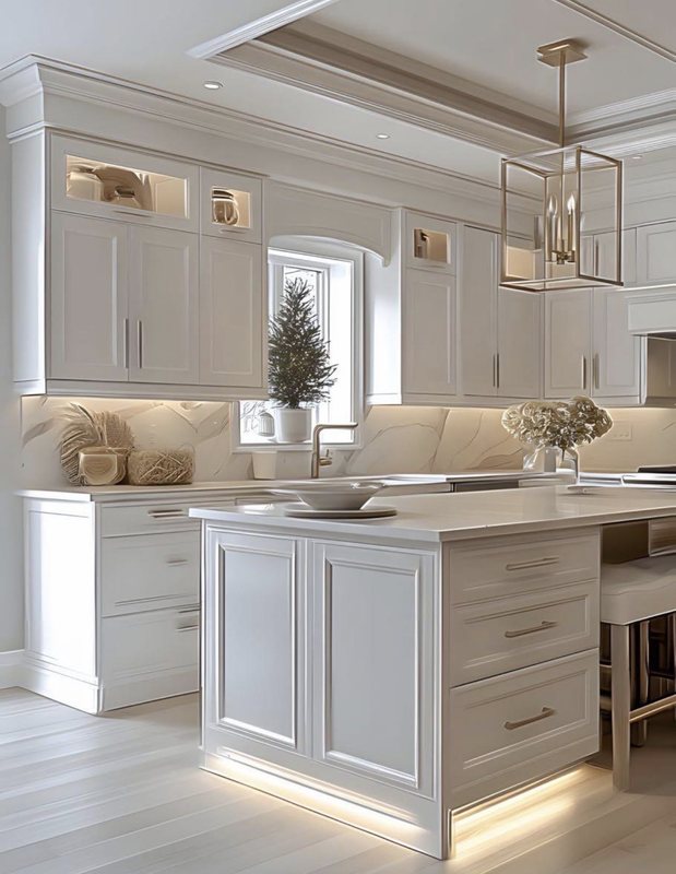 White kitchen with a paneled island, glass-front upper cabinets and soft under-cabinet and toe-kick lighting