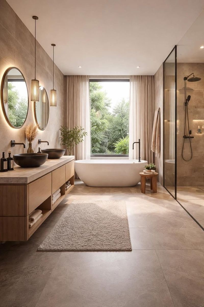 Spa-style bathroom with a floating wood double vanity, stone vessel sinks, round backlit mirrors, a freestanding tub and a glass walk-in shower